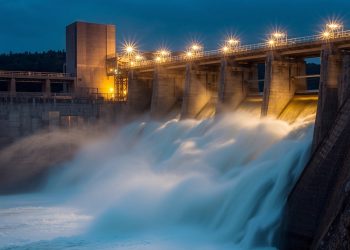 Hidreletrica-em-operacao-com-barragem-turbinas-agua-fluindo-geradores-de-energia-eletrica-funcionando